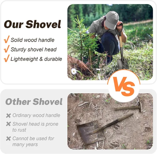 Vista 5 de VNIMTI Pala para excavar, pala redonda pequeña con mango en D de madera, pala de jardín de metal para jardinería, 28 pulgadas