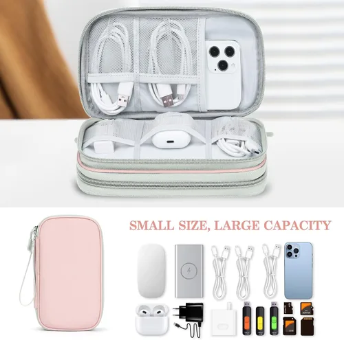 Vista 6 de FYY Organizador para cosas electrónicas, para viajes, para cables, celular y auriculares, estuche portátil, impermeable, doble capa, bolsa de Rosa