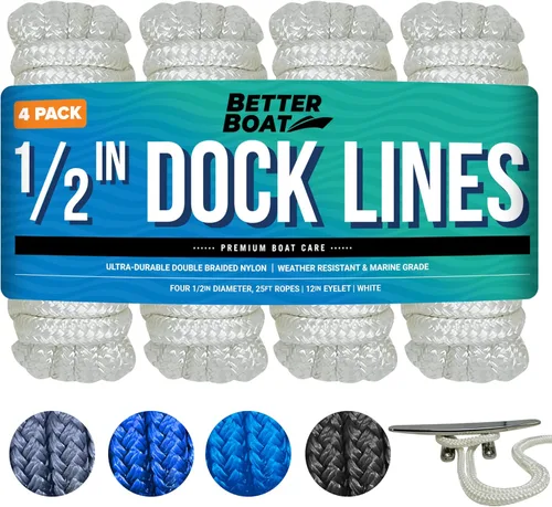 Vista 15 de Líneas de muelle para barcos de 1/2 pulgada x 25 pies, paquete de 2 cuerdas de nailon trenzado doble con bucle de 12 pulgadas, línea de amarre