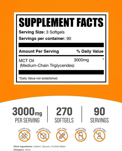 Vista 2 de BulkSupplements. com MCT - Cápsulas blandas de aceite - Triglicérido de cadena media, suplemento MCT, aceite MCT 3000 mg - para apoyo energético