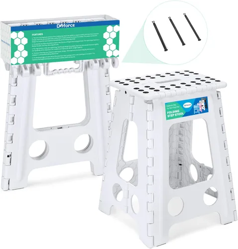 Vista 85 de Dyforce Taburete plegable de 17.5 pulgadas, capacidad de 400 libras, taburete plegable de plástico resistente para adultos, taburete con asa, fácil