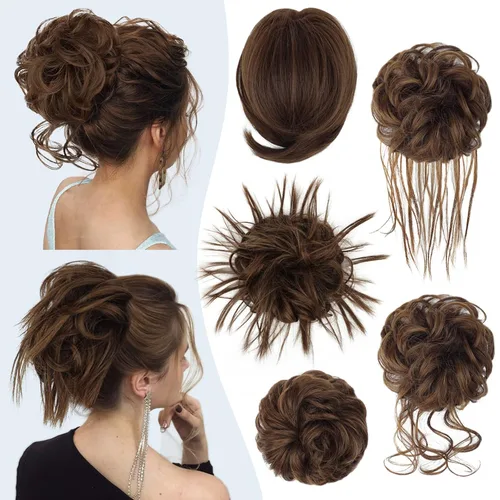 Vista 18 de HMD 5 piezas de moño despeinado para mujer, extensión de cabello con banda de goma elástica, extensión de cabello largo y desordenado, accesorios