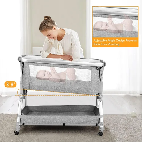 Vista 5 de SPS Cuna para bebé con cesta de almacenamiento y ruedas, cuna plegable fácil, altura ajustable, cama portátil para recién nacido