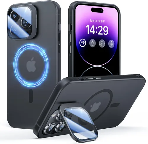 Funda para iPhone 14 Pro, protección contra caídas de grado militar, compatible con MagSafe, soporte integrado y protector de lente de cámara, funda