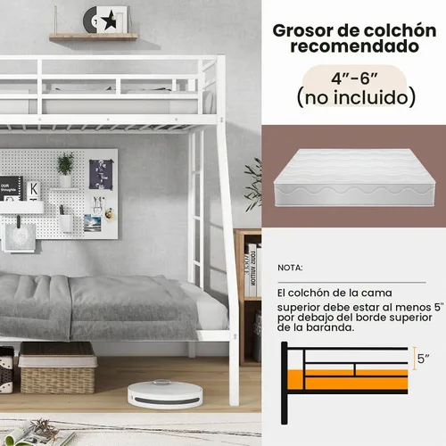 Vista 6 de KOMFOTT Litera de metal individual sobre matrimonial, litera de ratán bohemio de perfil bajo con barandilla de seguridad de longitud completa y Negro