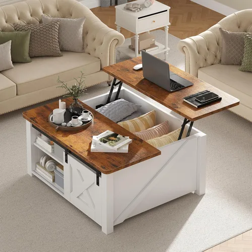 Vista 9 de DUMOS Mesa auxiliar, mesa central elevadora con almacenamiento, mesas cuadradas para sala de estar con estantes ajustables, mesa de centro de madera