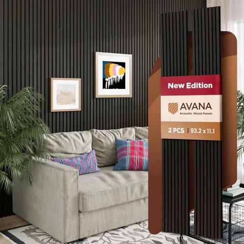 Vista 29 de Avana Paneles de pared de madera acústica de 94.4 x 12.6 pulgadas, 2 piezas de paneles acústicos de roble negro, paneles de pared para decoración