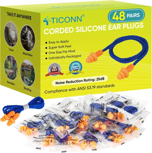 Vista 11 de TICONN 12 pares de tapones para los oídos reutilizables de silicona para dormir con cancelación de ruido, tapones con cable de 25dB NRR