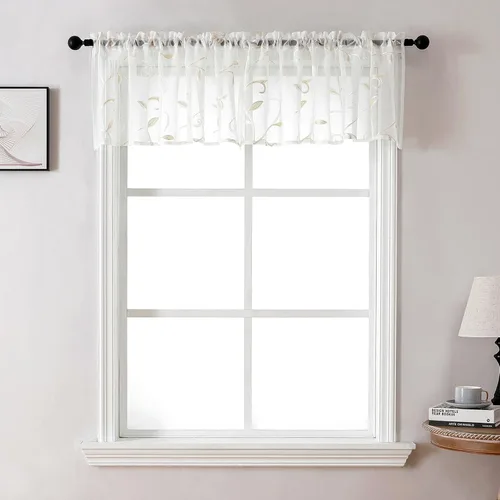 Vista 14 de VISIONTEX Juego de 2 paneles de cortinas traslúcidas blancas de 63 pulgadas de largo, con bordado de coral beige, bolsillo para barra, cortinas