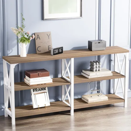 Vista 111 de IBF Mesa de entrada de granja, mesa consola larga rústica detrás del sofá, moderna mesa de sofá de madera de metal con estantes de almacenamiento