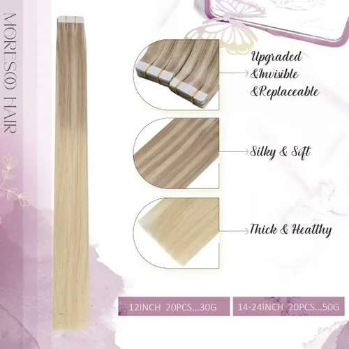 Vista 2 de Moresoo Extensiones de cabello humano con cinta en degradado, balayage, color rubio ceniza a rubio platino, extensiones de cabello humano real sin