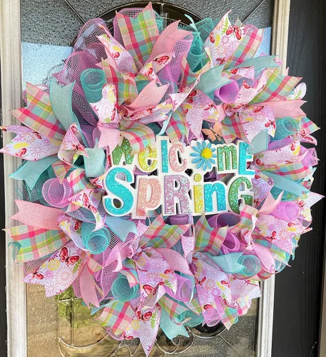 Vista 3 de Welcome Spring Butterfly! Deco Mesh Front Door Wreath, Indoor Outdoor, Farmhouse Country Traditional Decor