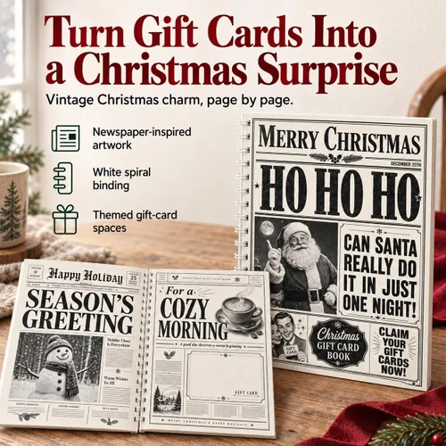 Vista 2 de Libro de tarjetas de regalo de Navidad para adultos, folleto de regalo de Vintage Newspaper