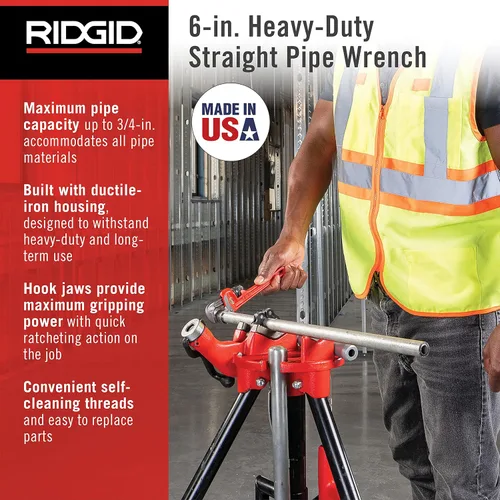 Vista 2 de RIDgid 31000 Modelo 6 Llave de tubo recta de plomería de servicio pesado de 6 pulgadas, roja, fabricada en EE. UU