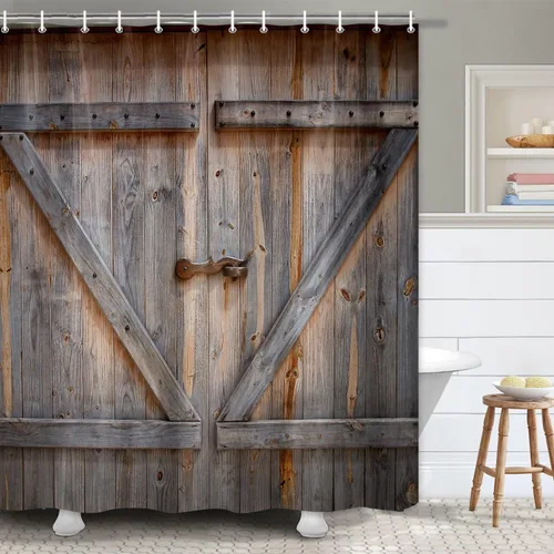 Vista 8 de Cortina de ducha para puerta de granero, cortina de ducha de decoración rústica, puerta de granero de madera rústica, cortina de ducha de poliéster