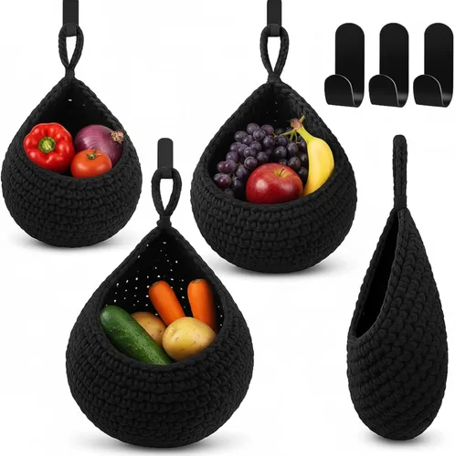 Honeydak Cestas colgantes de pared bohemias para cocina, paquete de 3 cestas de lágrima con ganchos, almacenamiento de frutas, cebollas, verduras,