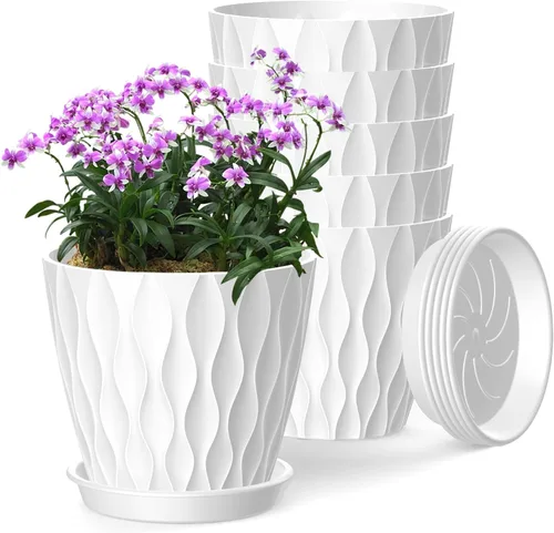 Vista 22 de Macetas SQKH de 4 pulgadas, juego de 6 macetas de interior, macetas con agujeros de drenaje y bandejas para orquídeas, violetas, suculentas, hierbas