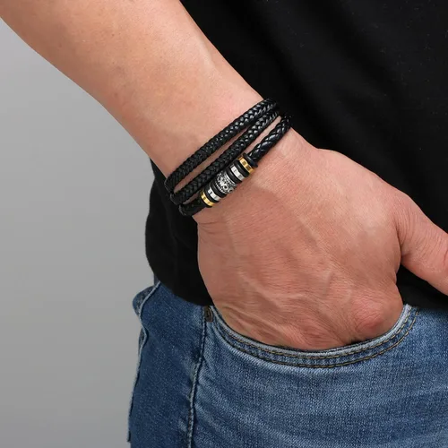 Vista 3 de Pulsera de cuero para hombre, pulsera de cuero trenzado multicapa con cierre, pulsera inspiradora negra, pulsera de Navidad, cumpleaños, día de San