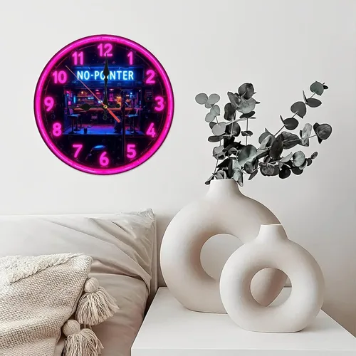 Vista 6 de Neon Clock Bar Retro Cyberpunk Wall Clock 10-Inch Wooden Wall Clock, Silent Movement, Battery Operated (AA Batteries Not Included), Artistic Home