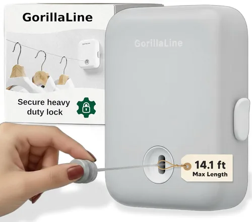 Vista 14 de GorillaLine - Tendedero retráctil para interiores y exteriores - Línea de lavandería de secado de ropa resistente - Tendedero montado en la pared