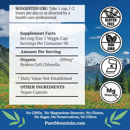 Vista 2 de Pure Mountain Botanicals Broken Cell Wall Chlorella Cápsulas - 90 cápsulas veganas kosher ahora con 500 mg de polvo orgánico de Chlorella