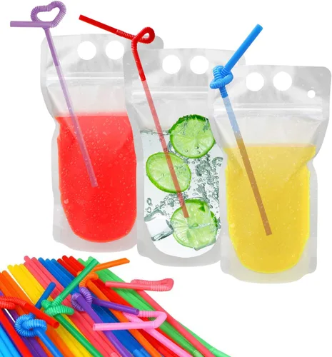 100 bolsas para bebidas con 100 agujeros para pajilla, bolsas de jugo congelables, bolsas de plástico translúcidas con cierre con cremallera, bolsas