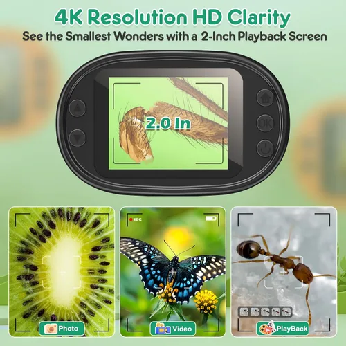 Vista 3 de Microscopio portátil 1000X para niños, pantalla 4K de 2.0 pulgadas, mini microscopios digitales de bolsillo recargable, kit de diapositivas Verde