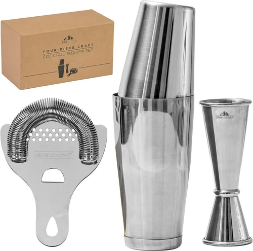 Vista 9 de A Bar Above Juego de coctelera, kit de camarero profesional de 4 piezas con coctelera Boston, colador, jigger y cuchara de bar, accesorios de barra