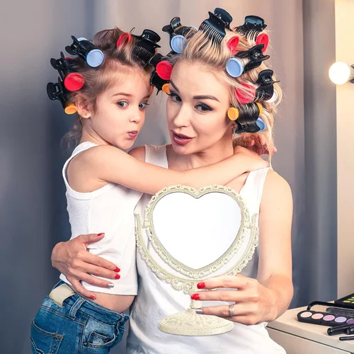 Vista 6 de Jetec Espejo en forma de corazón, maquillaje de escritorio, retro, rotación de 360 grados, cosmético de pie para decoración de tocador, espejo Beige