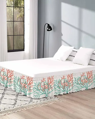 Vista 5 de Falda de cama color coral tamaño Queen de 16 pulgadas de caída, ajustable y elástica envolvente, plisada, con volantes de lujo para cama individual