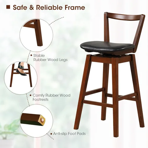 Vista 15 de COSTWAY Taburete de bar, taburete tapizado giratorio de piel sintética de 26 pulgadas con respaldo hueco y asiento acolchado, patas de madera