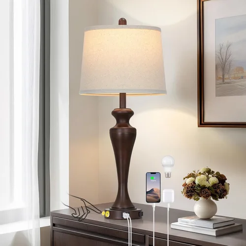 Vista 11 de Lámpara de mesa marrón oscuro de 30 pulgadas, lámpara de noche individual con control táctil de 3 vías con puertos USB A+C y salida de CA, lámparas