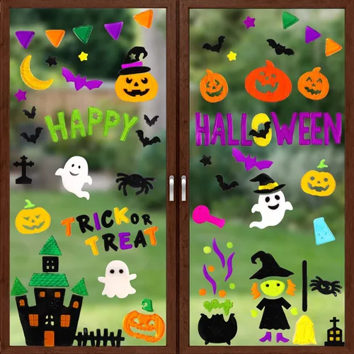 Vista 7 de JOICEE 6 adhesivos de gel para ventana de Halloween, calabazas, brujas, murciélagos, arañas, decoración de ventana
