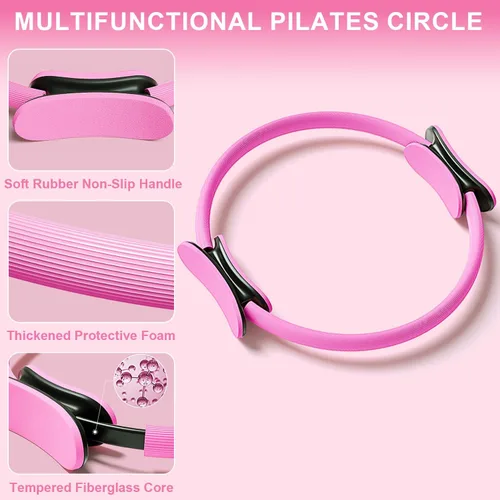 Vista 3 de Juego de equipo de anillo de pilates, kit de pilates para el hogar para mujer con anillo mágico de 13 pulgadas con asas acolchadas dobles, pelota