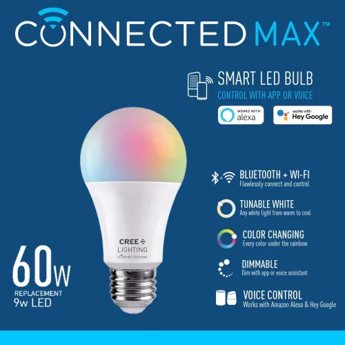 Vista 2 de Cree Lighting Connected Max - Bombilla LED inteligente A19 de 60 W, blanco ajustable + cambio de color, 2.4 GHz, funciona con Alexa y Google Home