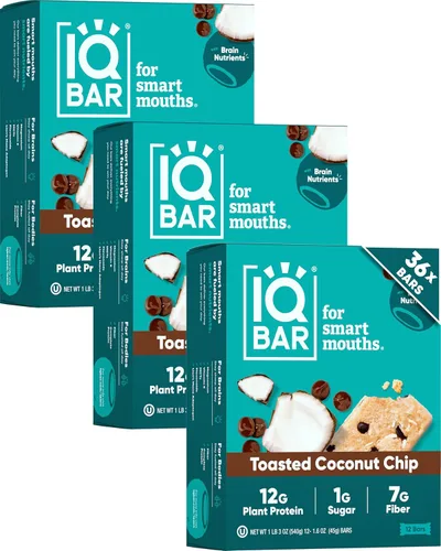Vista 35 de IQBAR - Barras de proteínas para el cerebro y el cuerpo a base de plantas - Chips de mantequilla de almendra - 12 unidades - Keto, veganas, bajas