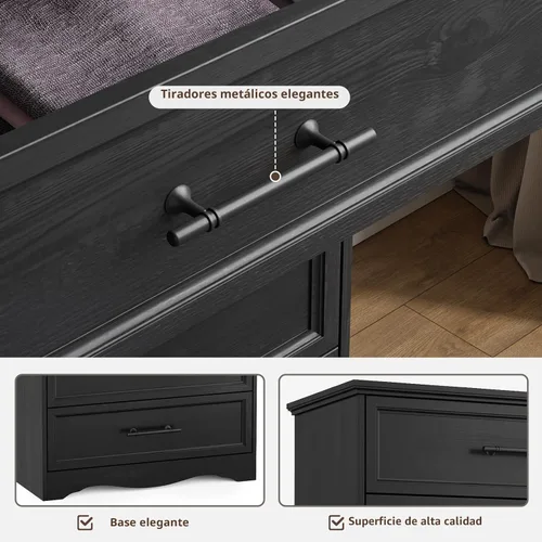 Vista 5 de Cómoda de Granja Negra para Dormitorio, Moderna Cómoda de 6 Cajones, Cómoda Alta de 44" con Manijas de Metal Cepillado, Organizadores de Armario