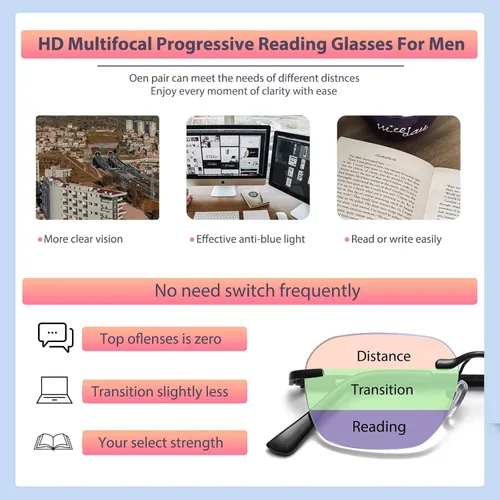 Vista 2 de K.LAVER Gafas de lectura fotocrómicas sin montura multienfoque progresivas, lentes de transición de luz anti-azul, lectores multifocales