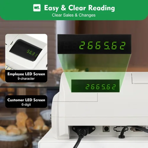 Vista 4 de Caja de cajón de caja registradora electrónica de 47 llaves, sistema de gestión de efectivo Pantalla LED de 6 dígitos, sistema de monedas