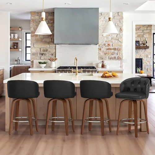 Vista 6 de Cozyman Juego de 2 taburetes de bar giratorios, 26" altura de mostrador, taburete de bar de cuero PU con patas y respaldo de madera de nogal, sillas