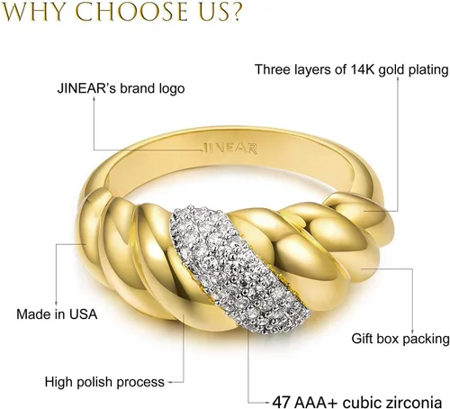 Vista 2 de JINEAR 18k Gold Plated Croissant Braided Twisted Signet Chunky Dome Ring Stacking Star Band for Women and Men Statement Wedding Ring Minimalist