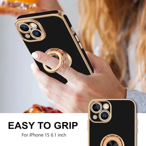 Vista 2 de Hython Funda para iPhone 15 con Soporte de Anillo, Soporte de Anillo Giratorio de 360° Soporte Magnético, Borde Chapado en Oro Rosa Cubierta Suave