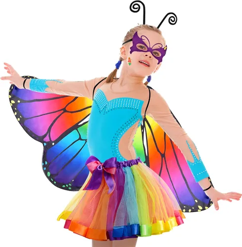 Vista 2 de Latocos Disfraz de mariposa para niñas y niños disfraz de alas de hada arcoíris para Halloween disfraz de tutú con máscara de antena