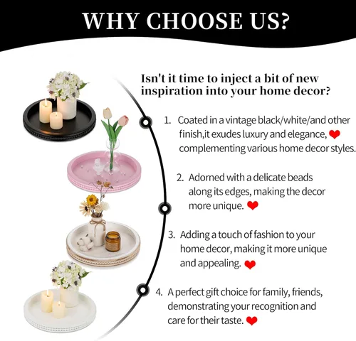 Vista 7 de Hanobe Bandeja Decorativa de Servir de Madera: Bandeja Redonda de Cuentas Negras para Mesa de Café Bandejas de Madera Rústica Decoración Mostrador