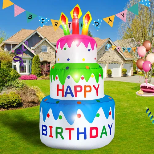 Vista 8 de DearSun Pastel inflable de cumpleaños de 4 pies de alto, pastel de cumpleaños inflable con velas iluminadas, 6 luces LED