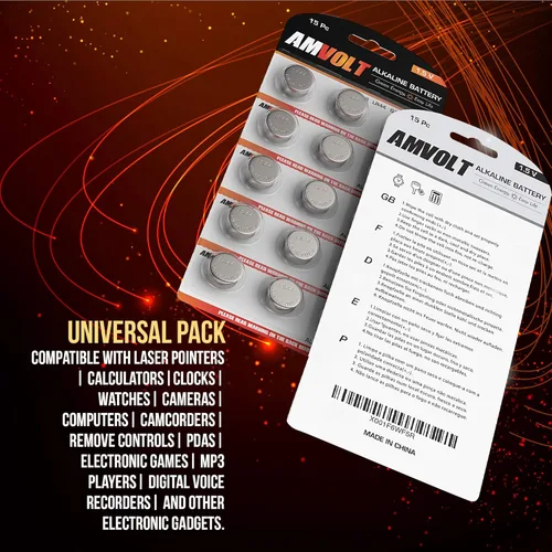 Vista 4 de AmVolt- Pack of 15 LR44 Batteries AG13 SR44 357 303 Premium Alkaline Non Rechargeable Button Battery, 1.5 Volt Small Batteries for Watches Clocks &