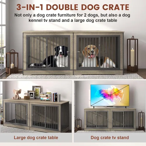 Vista 5 de Yafylly Jaula Doble para Perros de 75 Pulgadas, Mueble de Jaula para Perros de 3 en 1 para Perros Grandes, Resistente Soporte de TV Gris para Perros