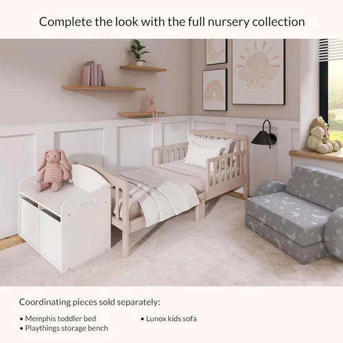 Vista 7 de Dream On Me Cama infantil de diseño clásico en mantequilla de almendra, cama de madera baja al suelo con rieles de seguridad, certificado GREENGUARD