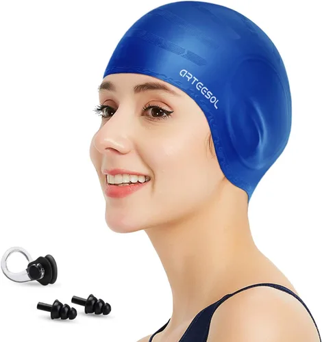 Vista 15 de Silicone 3D Ear Protection Swim Cap - Latex-Free Non-Slip Waterproof for Long Hair/Thin Braids, Chlorine Resistant Tear-Resistant for Competitive