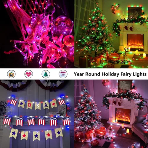 Vista 5 de BrizLabs Guirnalda de luces de hadas – Paquete de 2 luces LED de 66 pies, 200 luces LED que cambian de color con control remoto, enchufable RGB